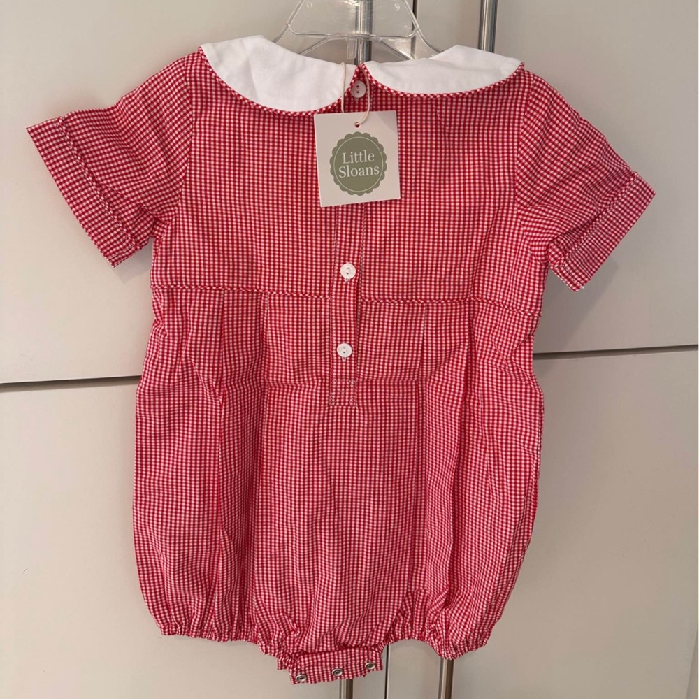 little sloans Gingham smocked Baby romper bubble with Sports football smocking - Picture 2 of 2
